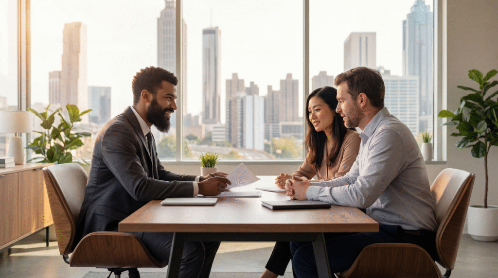 Insurance agent meeting with clients in a modern Atlanta, GA office
